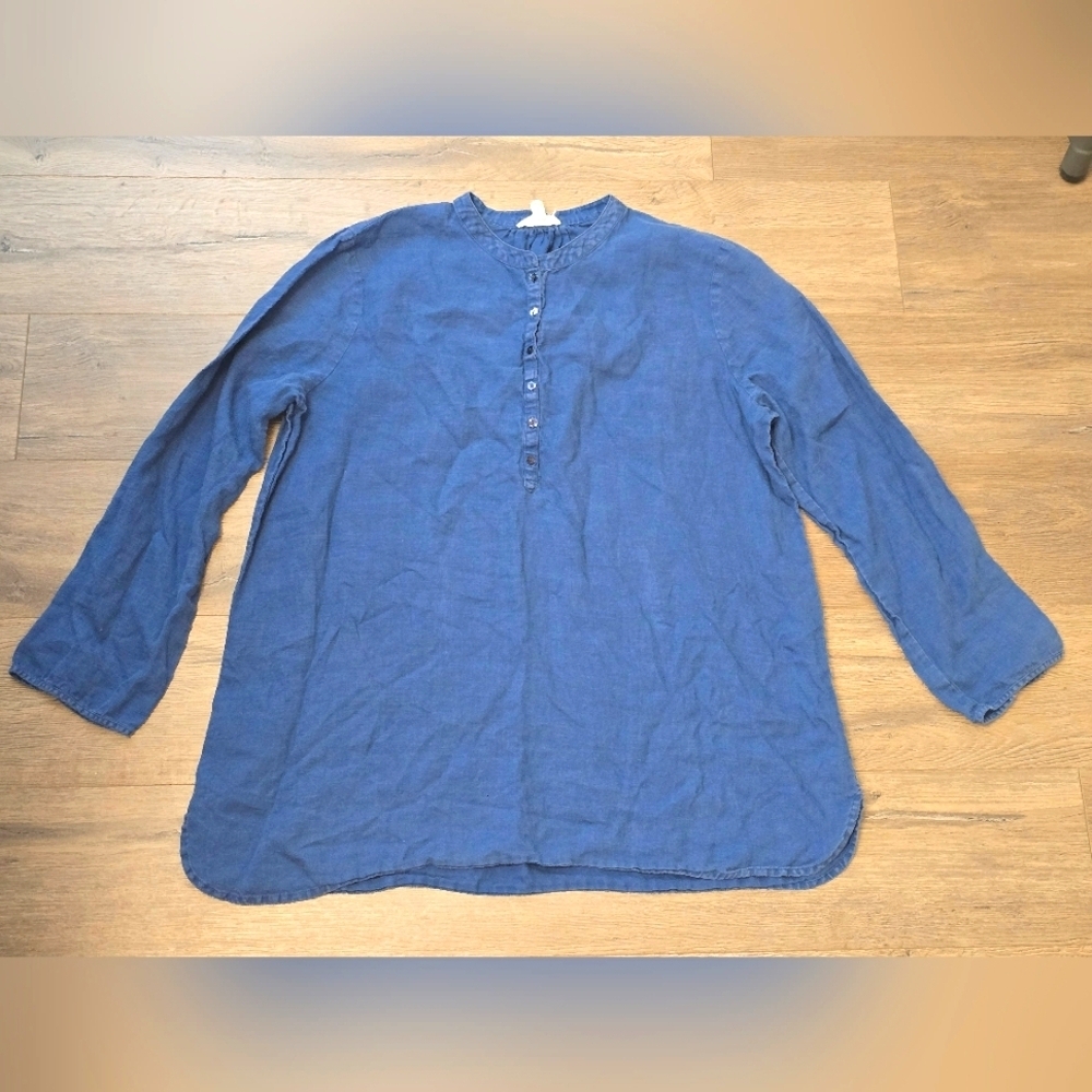 Eileen Fisher 100% Organic Linen Top 3/4 Sleeve Navy Blue Boho Lightweight Med